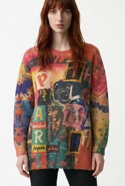 Graphic Pop Art Soft Wool Blend Sweater Womens Sz M Maximalist Artsy Colorful